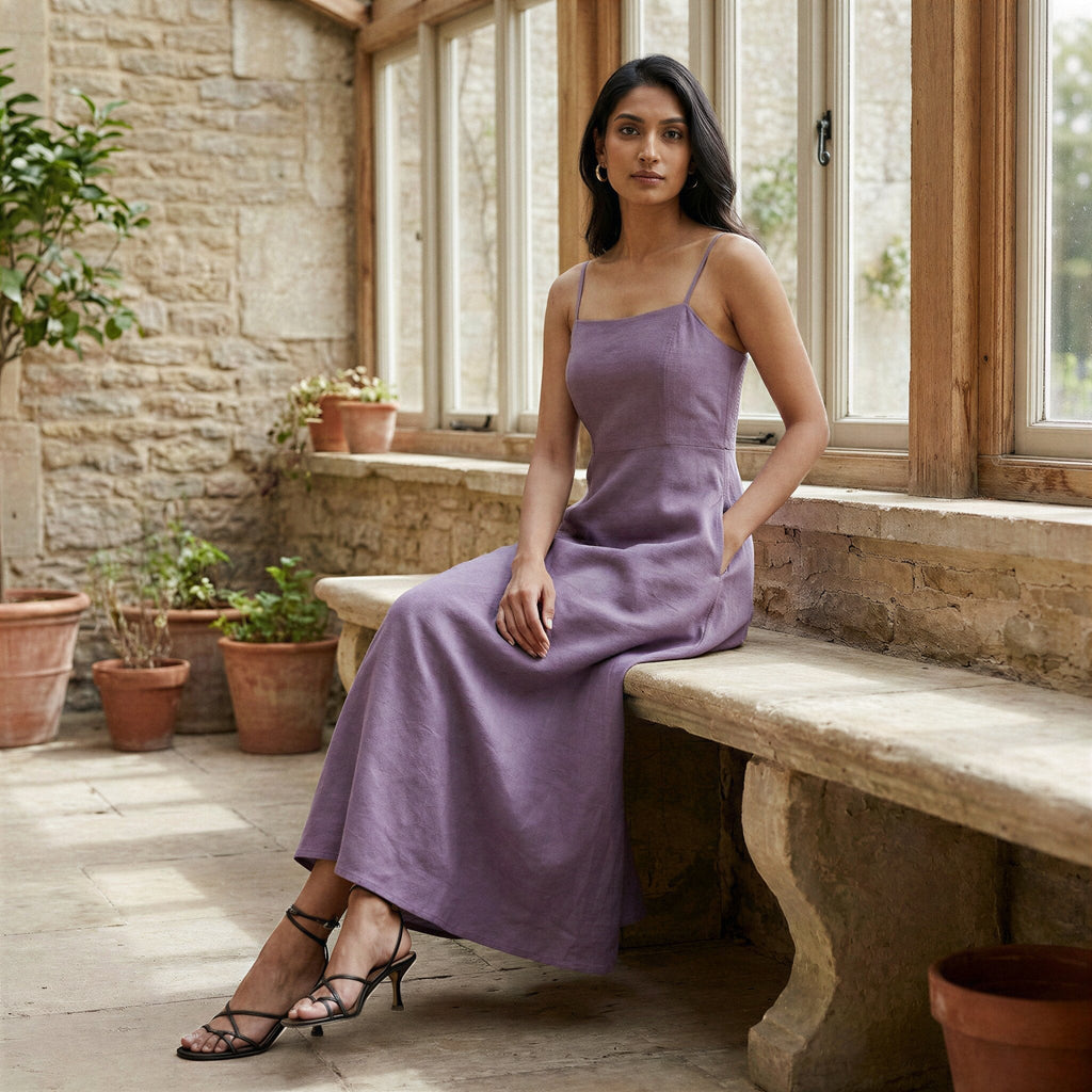 Lavender Cotton Linen Ankle Length Flared Sundress