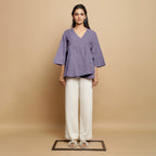 Lavender Cotton Linen Asymmetrical V-Neck Godet Top