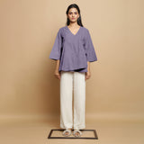 Lavender Cotton Linen Asymmetrical V-Neck Godet Top