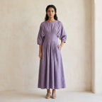 Lavender Cotton-Linen Cinched Waist Flared Maxi Dress