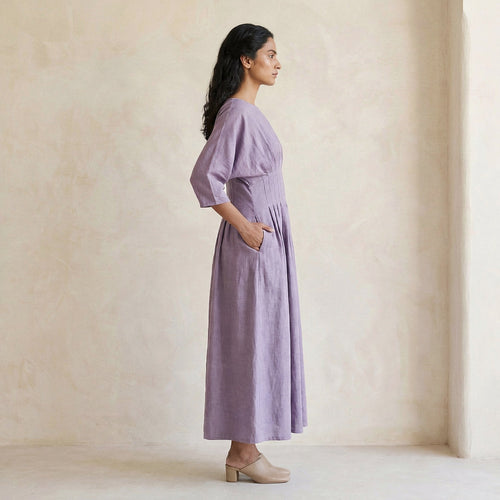 Lavender Cotton-Linen Cinched Waist Flared Maxi Dress