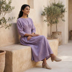 Lavender Cotton-Linen Cinched Waist Flared Maxi Dress