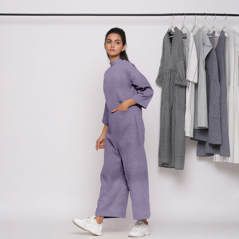 Lavender Cotton Linen Comfort Fit High Neck Jumpsuit