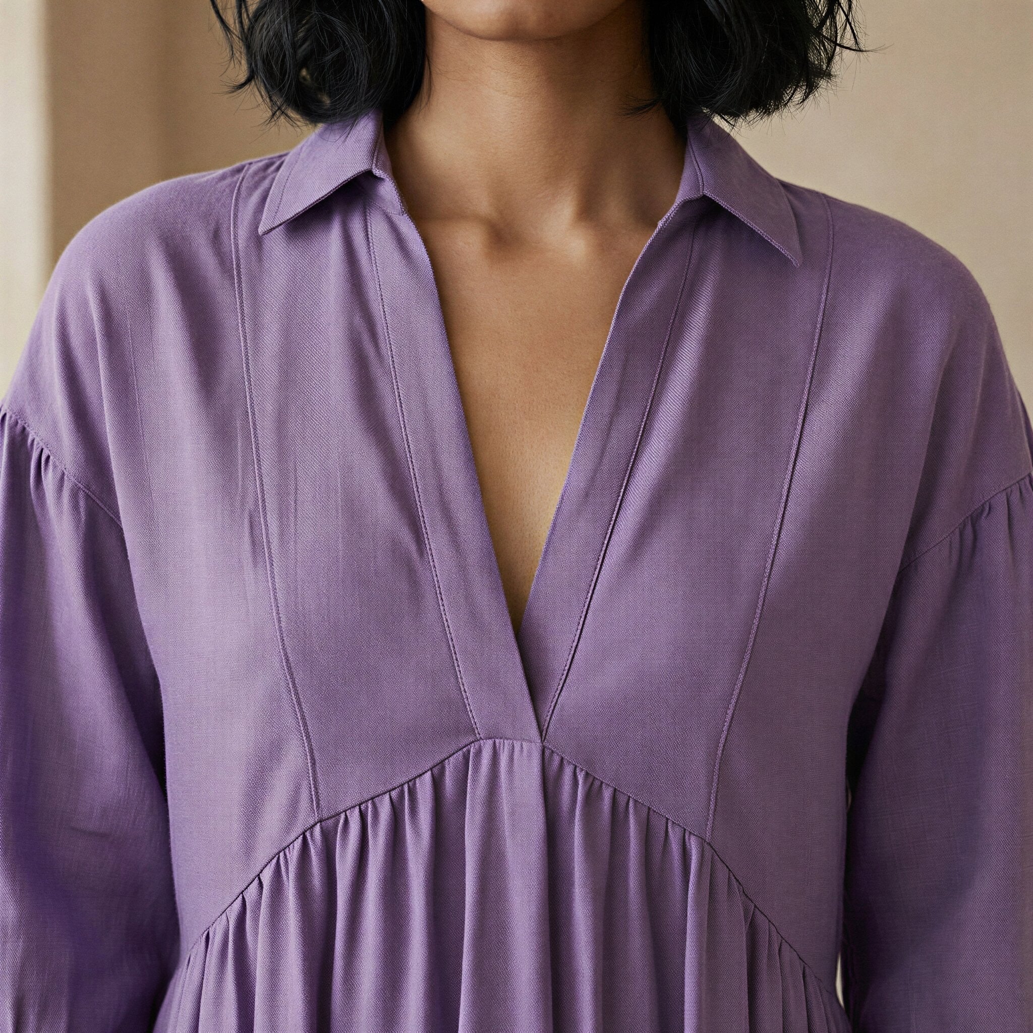 Lavender Cotton Linen Deep-V Maxi Tier Dress