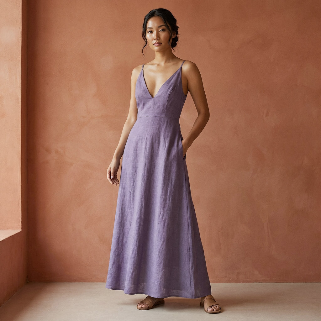 Lavender Cotton Linen Deep V-Neck Cami Maxi Dress