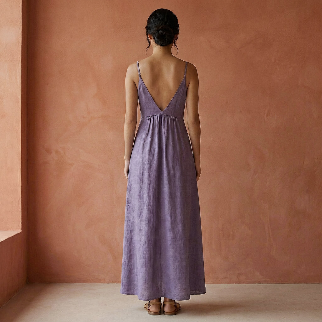 Lavender Cotton Linen Deep V-Neck Cami Maxi Dress