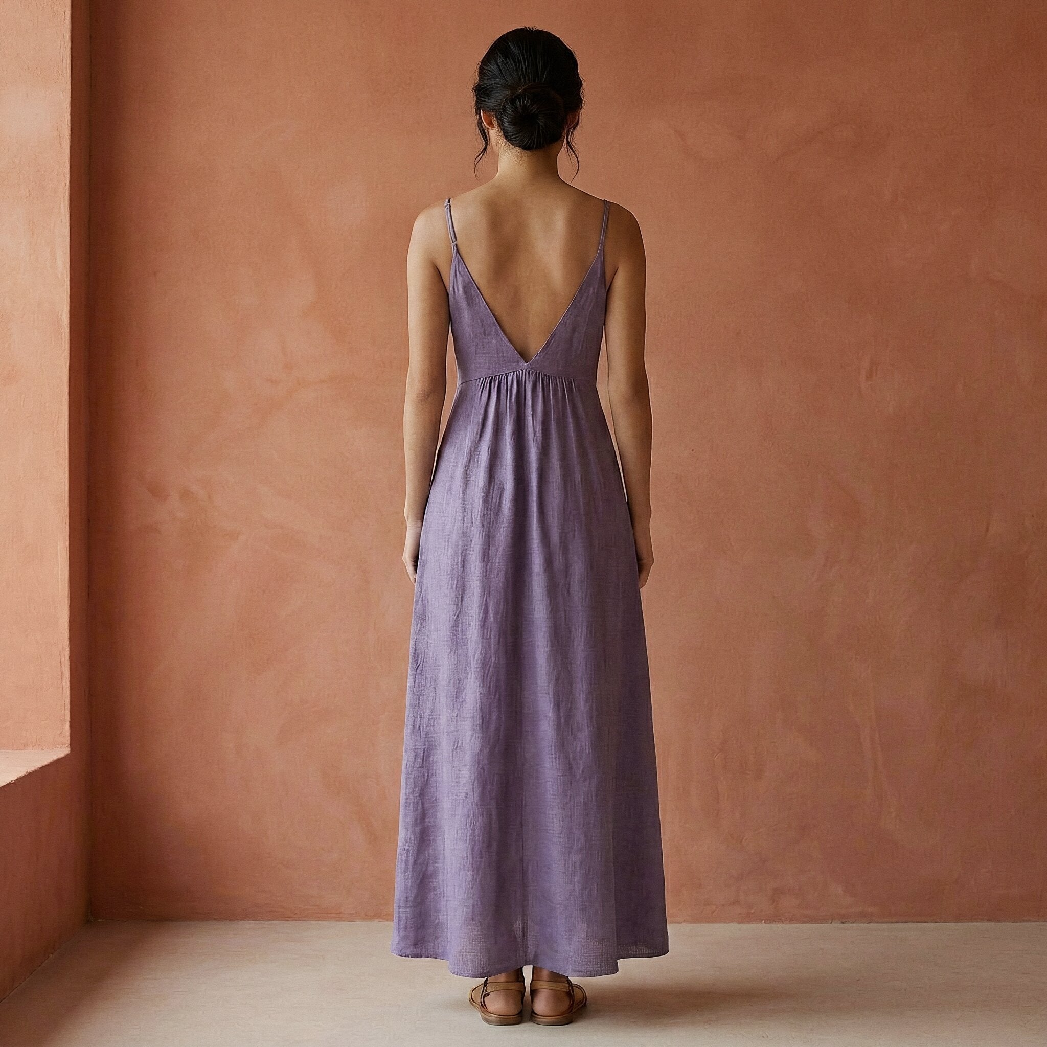 Lavender Cotton Linen Deep V-Neck Cami Maxi Dress