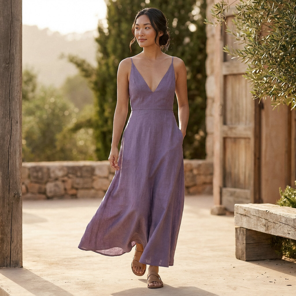Lavender Cotton Linen Deep V-Neck Cami Maxi Dress