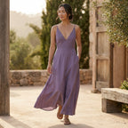 Lavender Cotton Linen Deep V-Neck Cami Maxi Dress