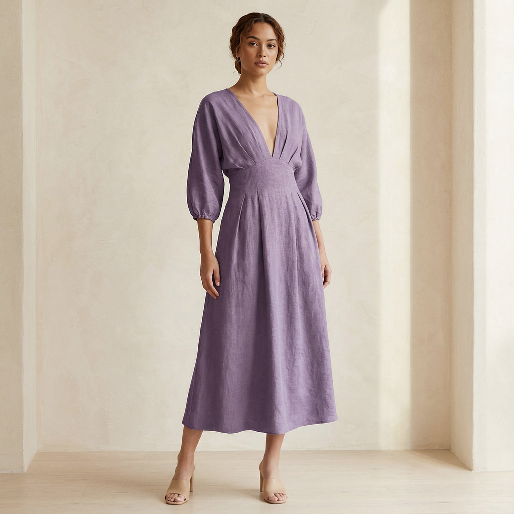 Lavender Cotton-Linen Deep-V Neck Empire Waist Maxi Dress