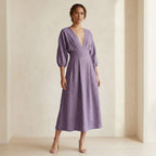 Lavender Cotton-Linen Deep-V Neck Empire Waist Maxi Dress
