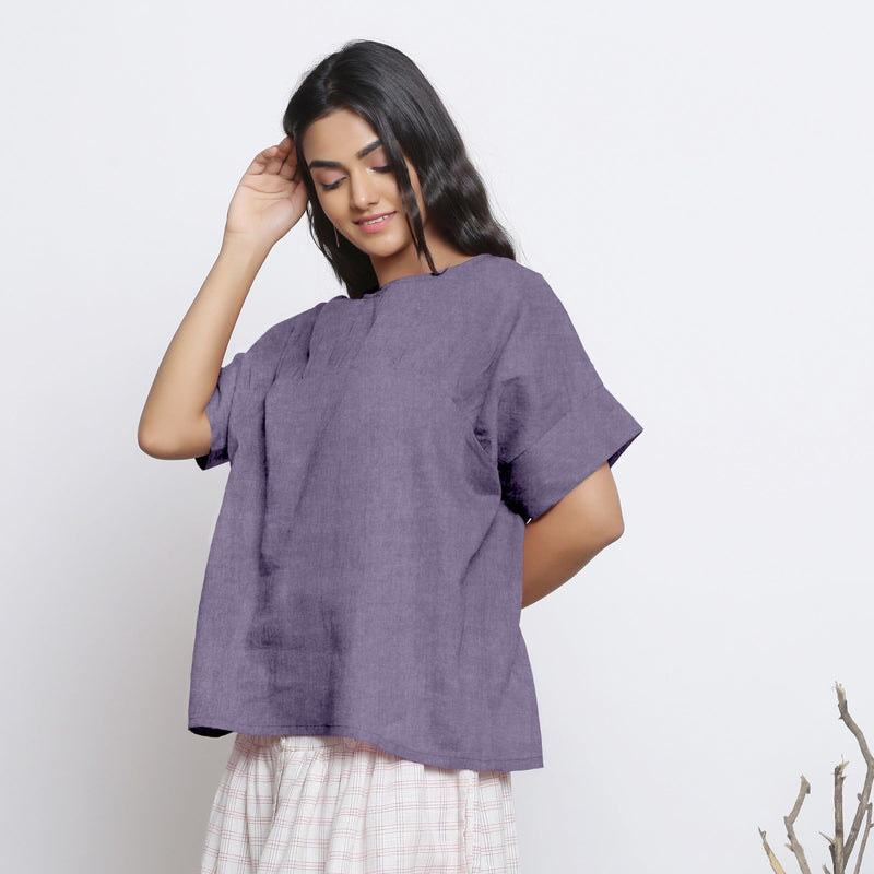 Lavender Cotton Linen Drop Shoulder Sleeves Yoked Top