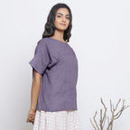 Lavender Cotton Linen Drop Shoulder Sleeves Yoked Top
