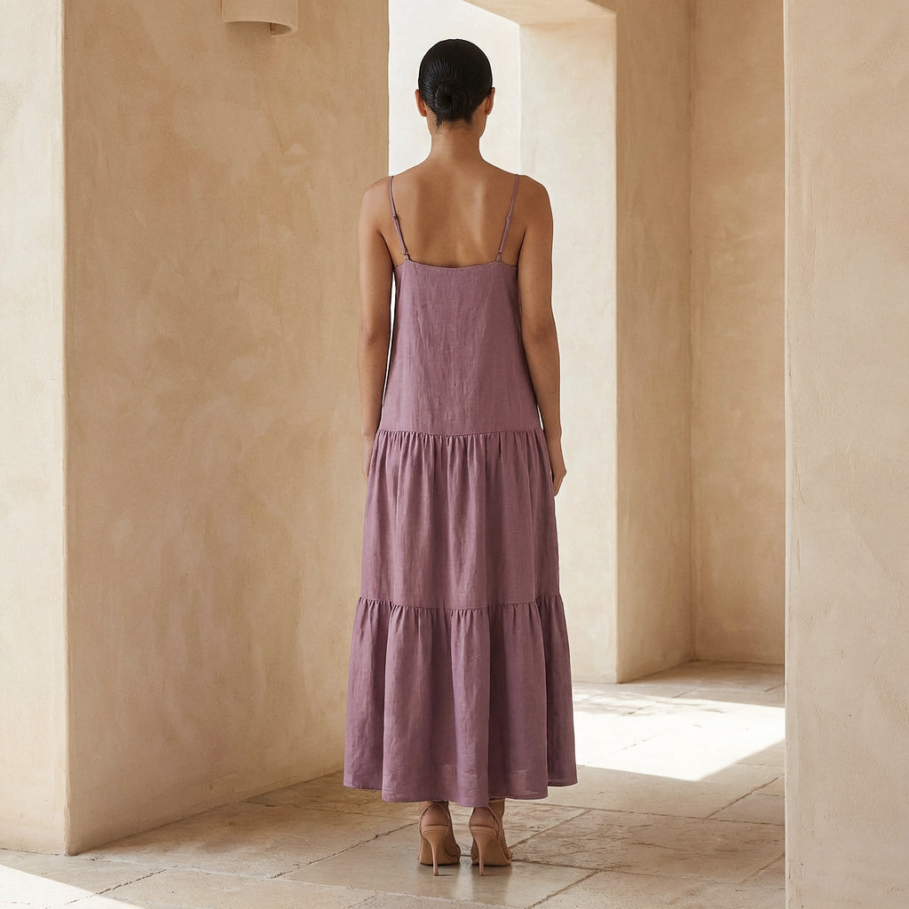 Lavender Cotton Linen Drop-Waist Camisole Maxi Tier Dress