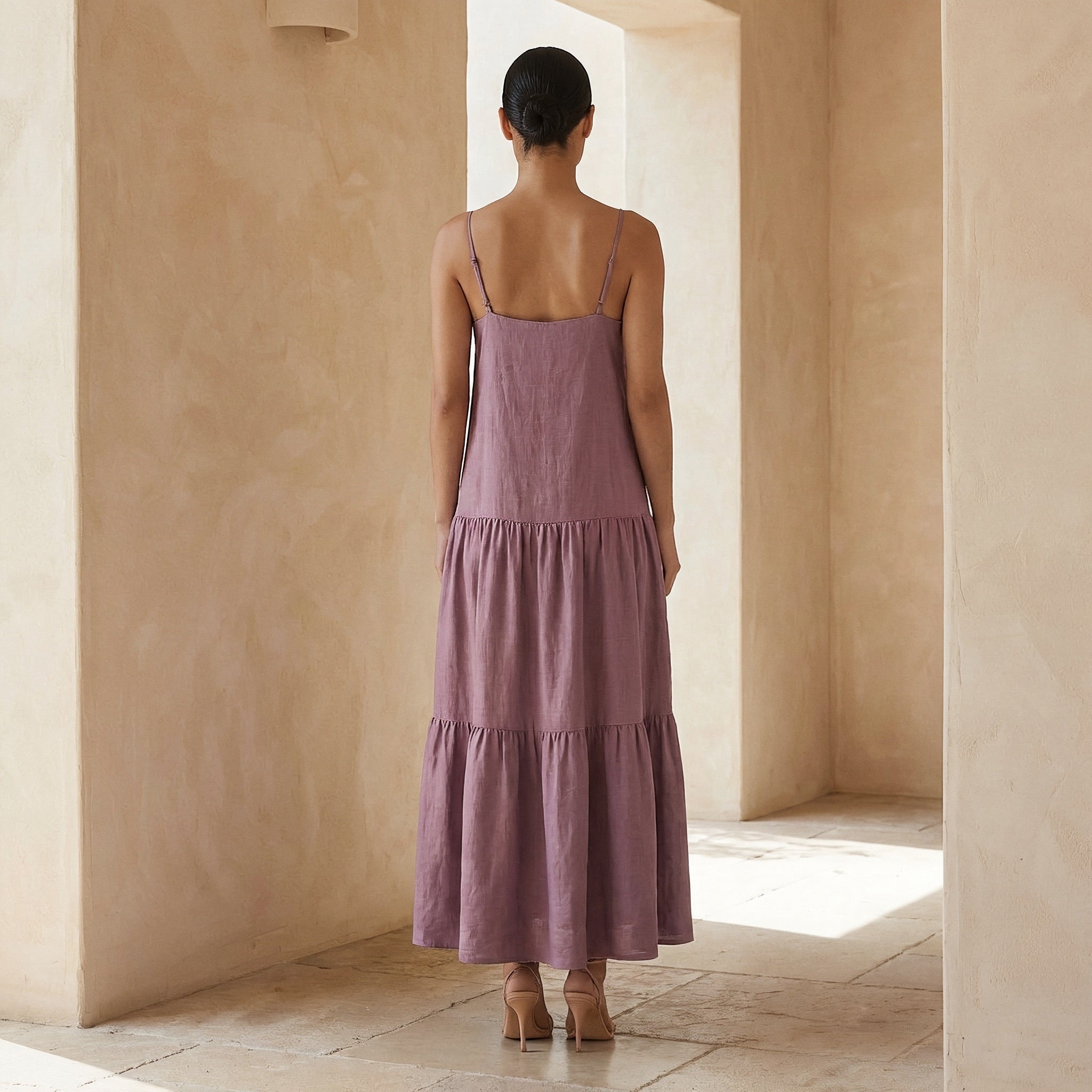 Lavender Cotton Linen Drop-Waist Camisole Maxi Tier Dress