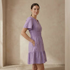 Lavender Cotton Linen Elasticated Short Tier Dress