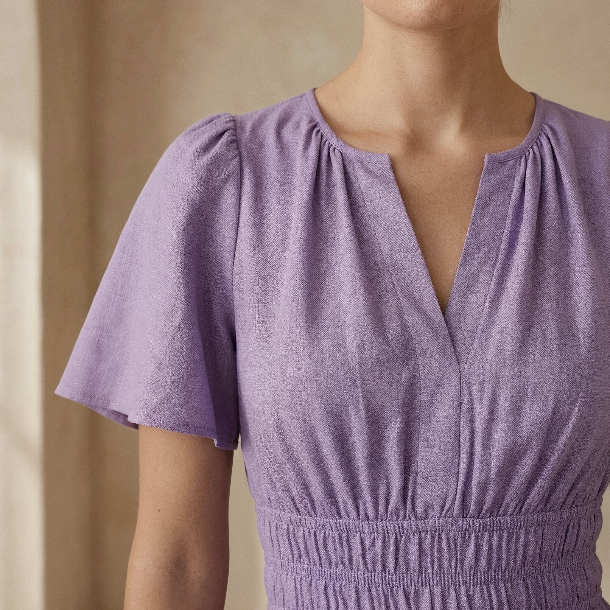 Lavender Cotton Linen Elasticated Short Tier Dress