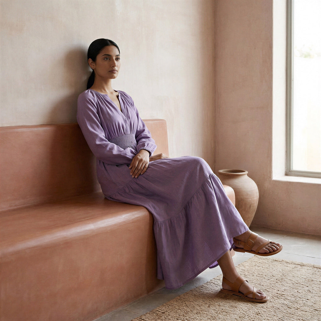 Lavender Cotton Linen Fit and Flare Maxi Tier Dress