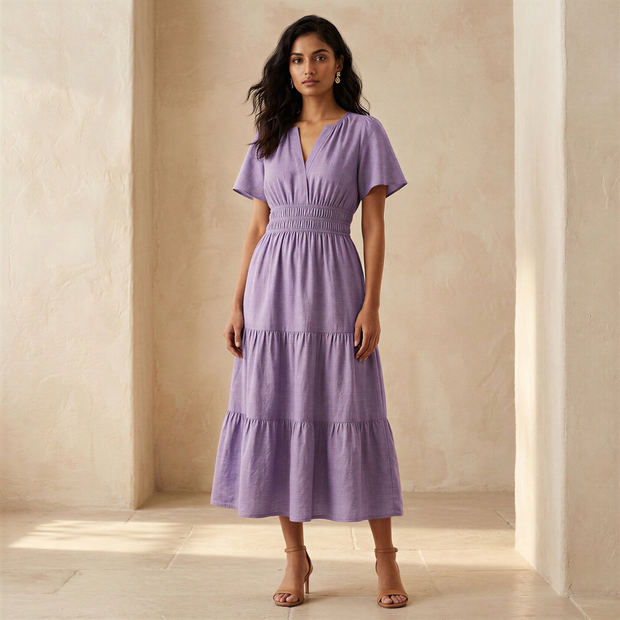 Lavender Cotton Linen Flutter Sleeve Tie-Back Tiered Midi Dress