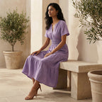 Lavender Cotton Linen Flutter Sleeve Tie-Back Tiered Midi Dress