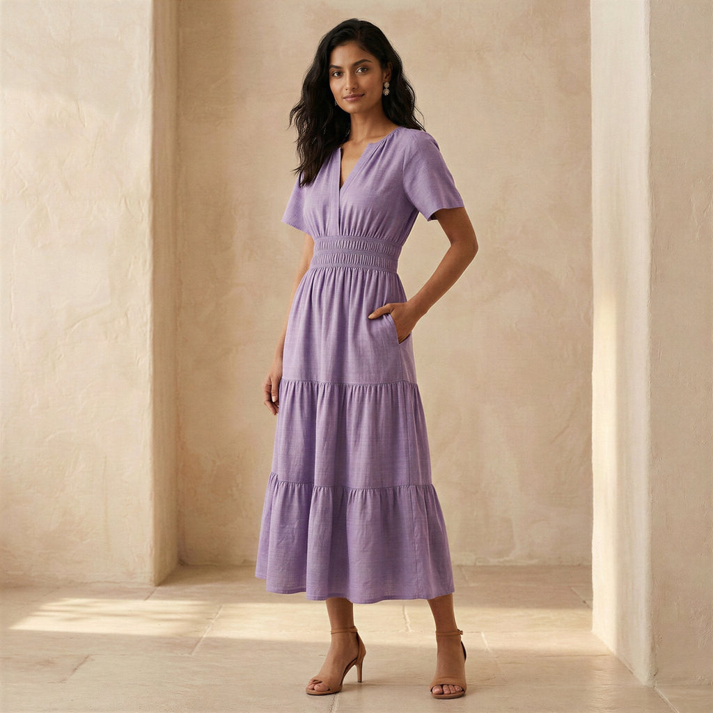 Lavender Cotton Linen Flutter Sleeve Tie-Back Tiered Midi Dress