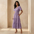 Lavender Cotton Linen Flutter Sleeve Tie-Back Tiered Midi Dress
