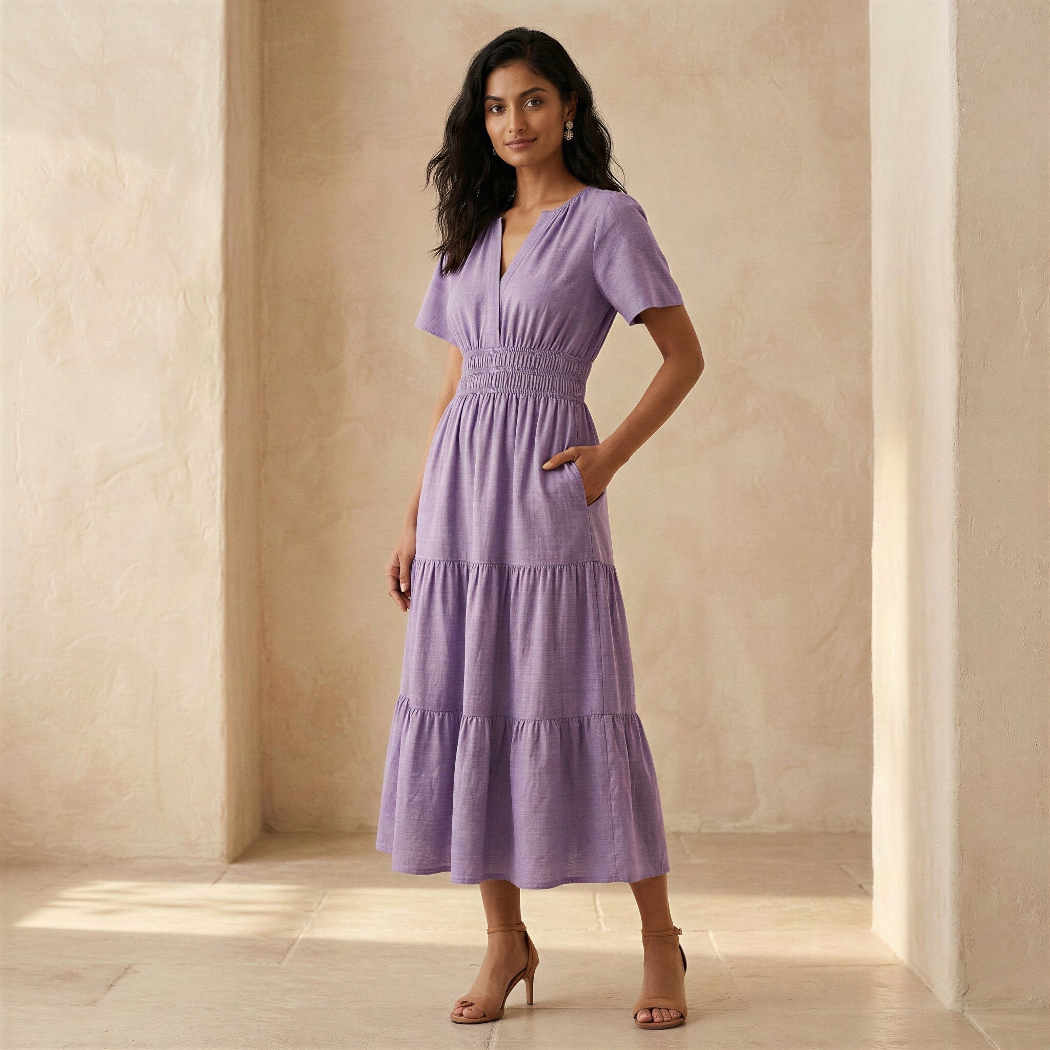 Lavender Cotton Linen Flutter Sleeve Tie-Back Tiered Midi Dress