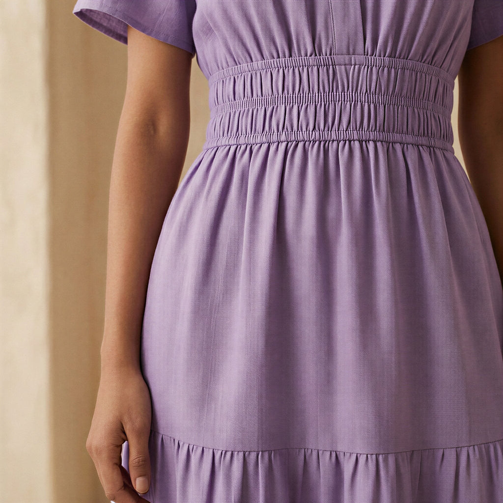 Lavender Cotton Linen Flutter Sleeve Tie-Back Tiered Midi Dress