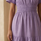 Lavender Cotton Linen Flutter Sleeve Tie-Back Tiered Midi Dress