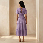 Lavender Cotton Linen Flutter Sleeve Tie-Back Tiered Midi Dress