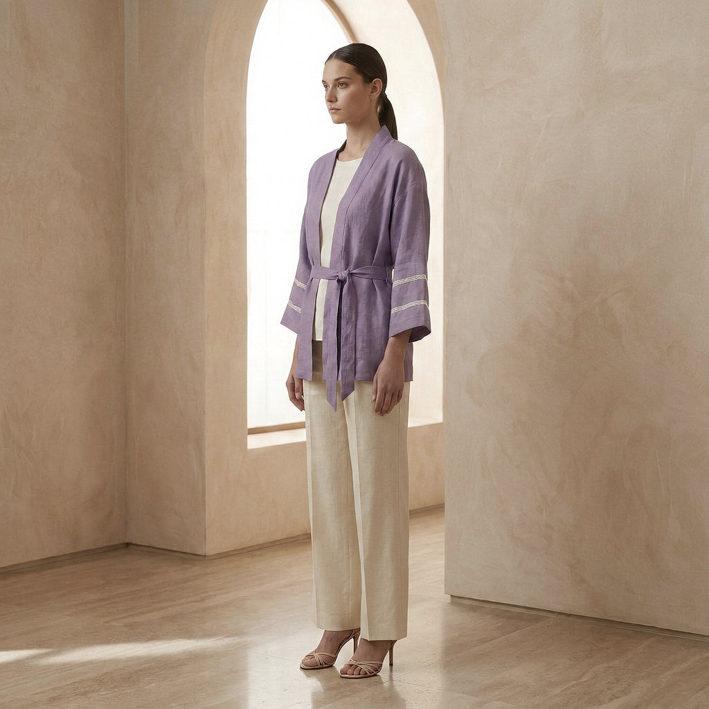Lavender Cotton Linen Kyoto Kimono Sleeve Wrap Top