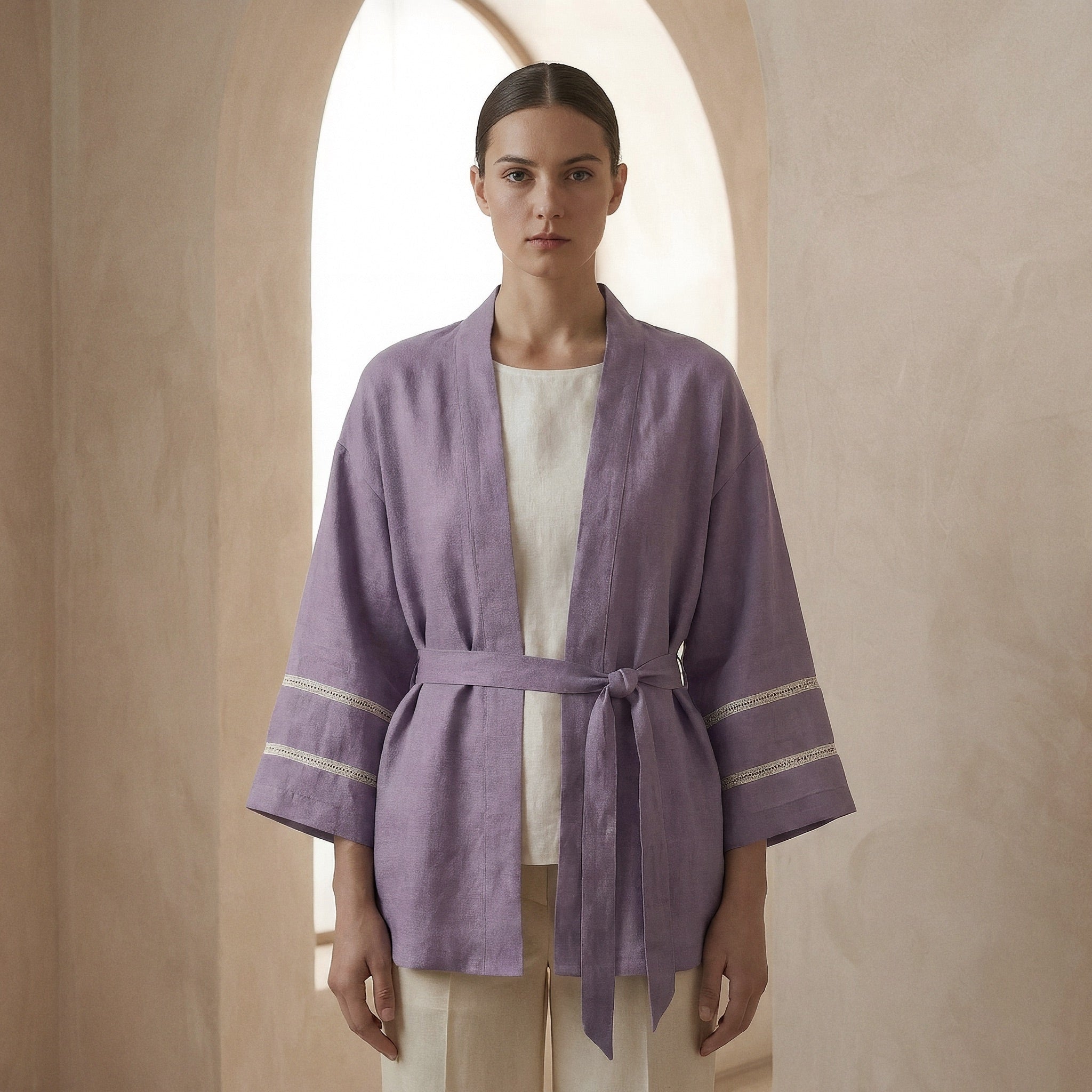 Lavender Cotton Linen Kyoto Kimono Sleeve Wrap Top