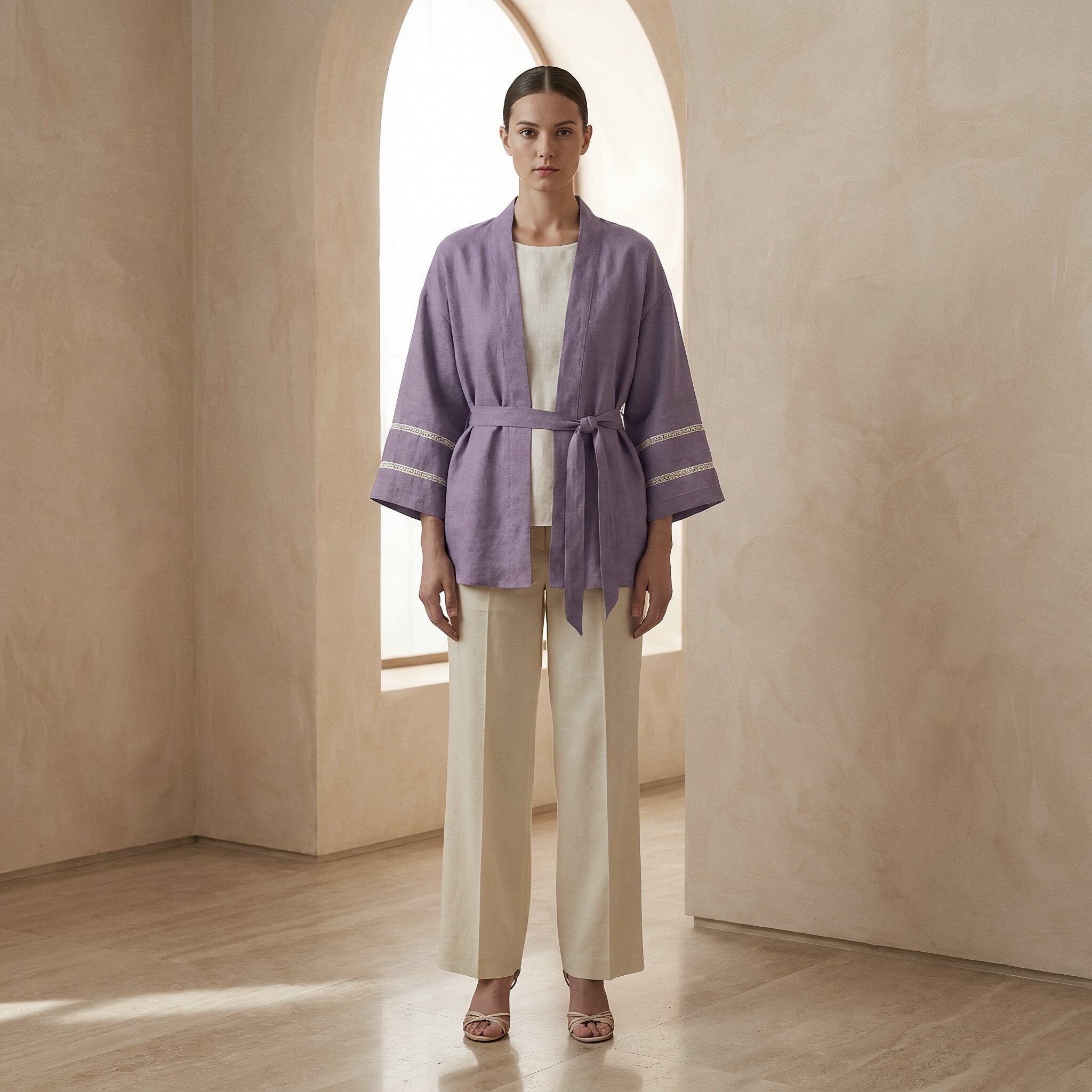 Lavender Cotton Linen Kyoto Kimono Sleeve Wrap Top