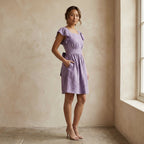 Lavender Cotton Linen Open-Back Fit and Flare Knee Length Dress