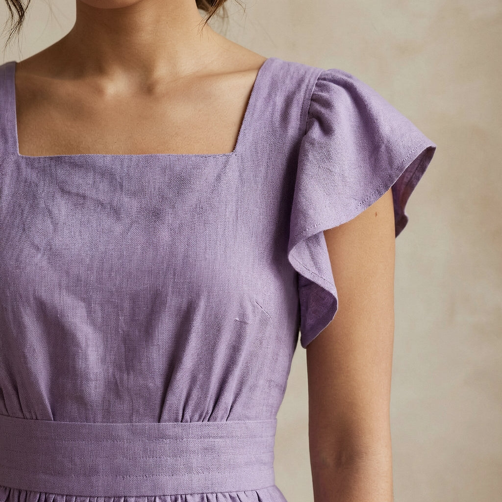 Lavender Cotton Linen Open-Back Fit and Flare Knee Length Dress