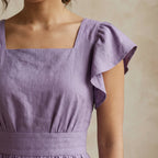 Lavender Cotton Linen Open-Back Fit and Flare Knee Length Dress