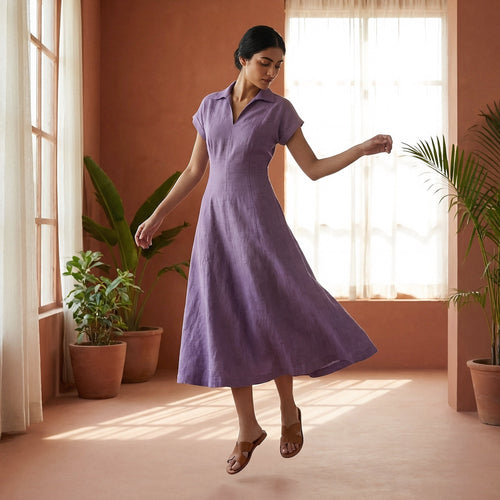 Lavender Cotton Linen Paneled A-Line Midi Dress