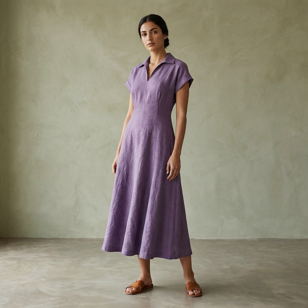Lavender Cotton Linen Paneled A-Line Midi Dress