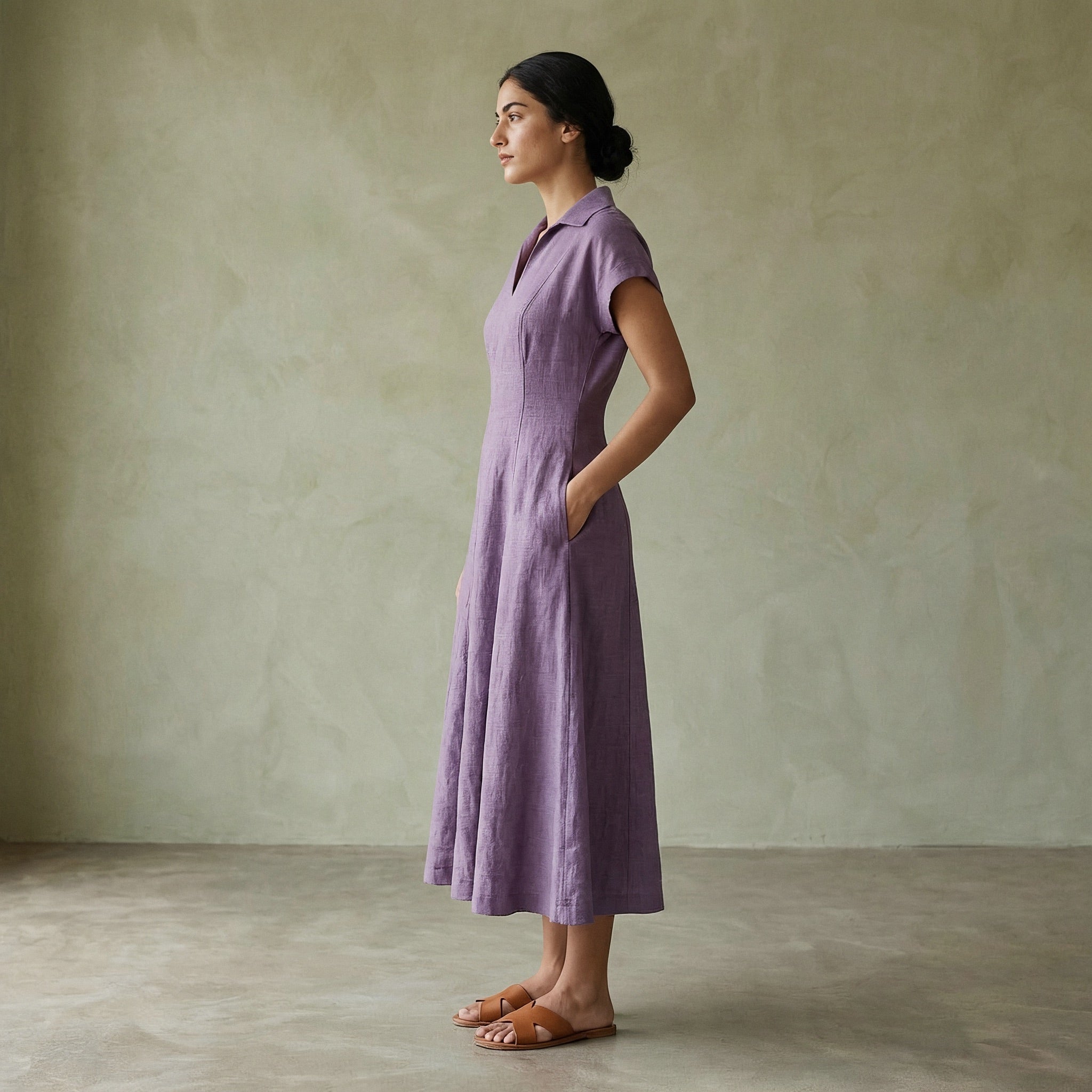 Lavender Cotton Linen Paneled A-Line Midi Dress