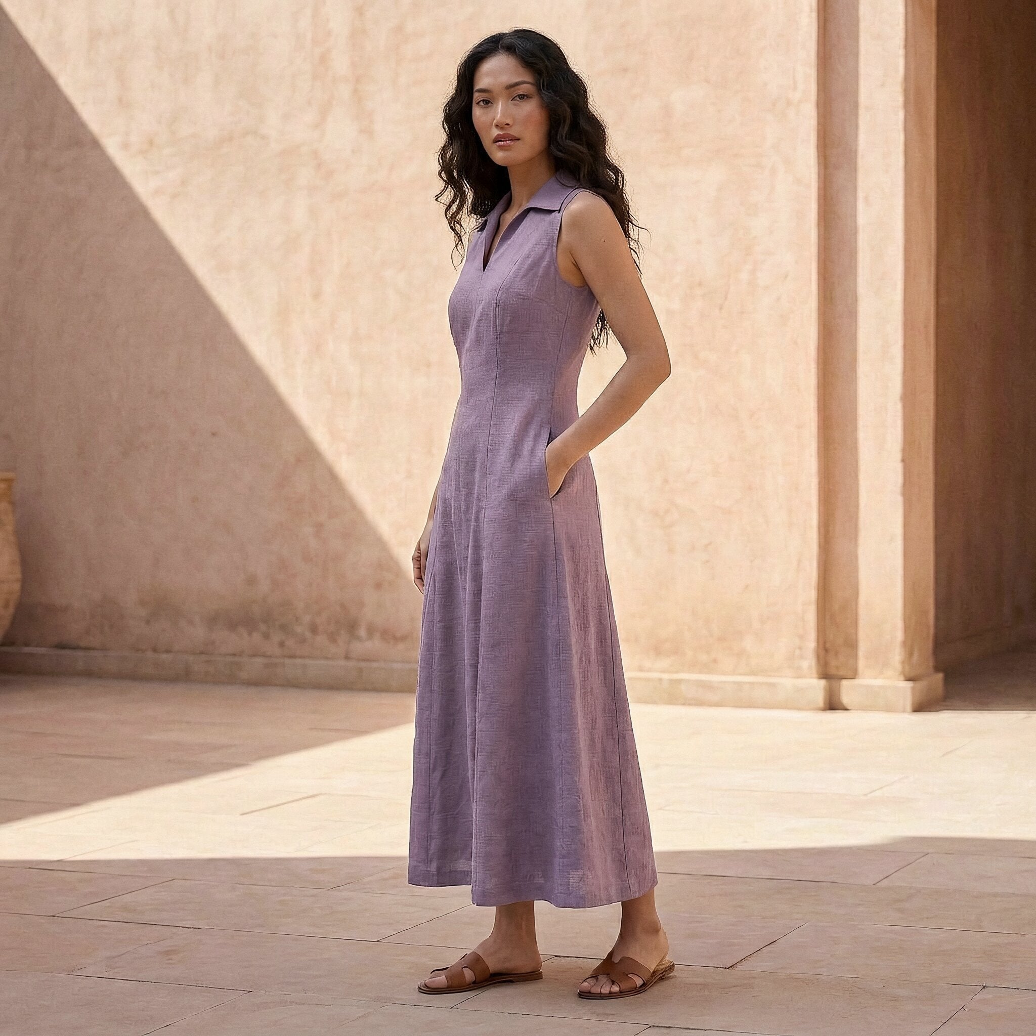 Lavender Cotton Linen Paneled Sleeveless Maxi Dress