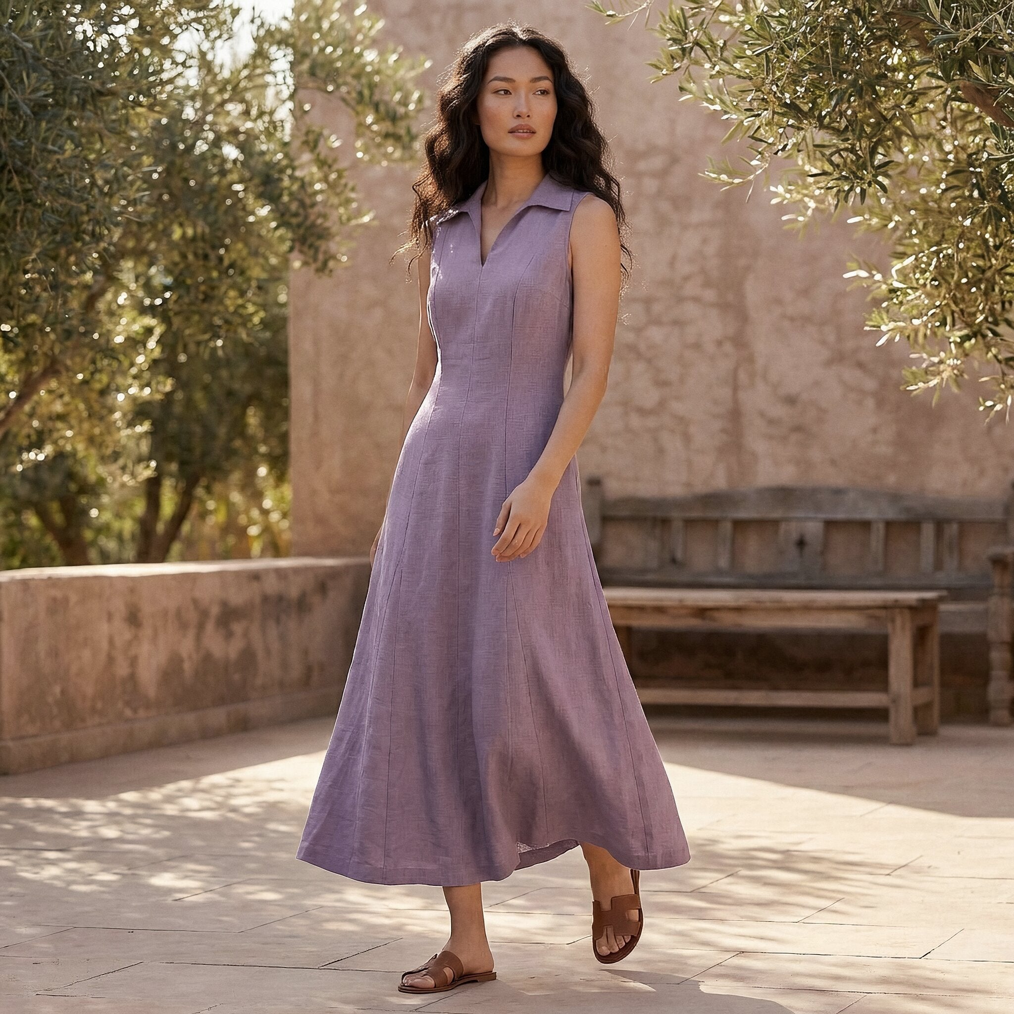 Lavender Cotton Linen Paneled Sleeveless Maxi Dress