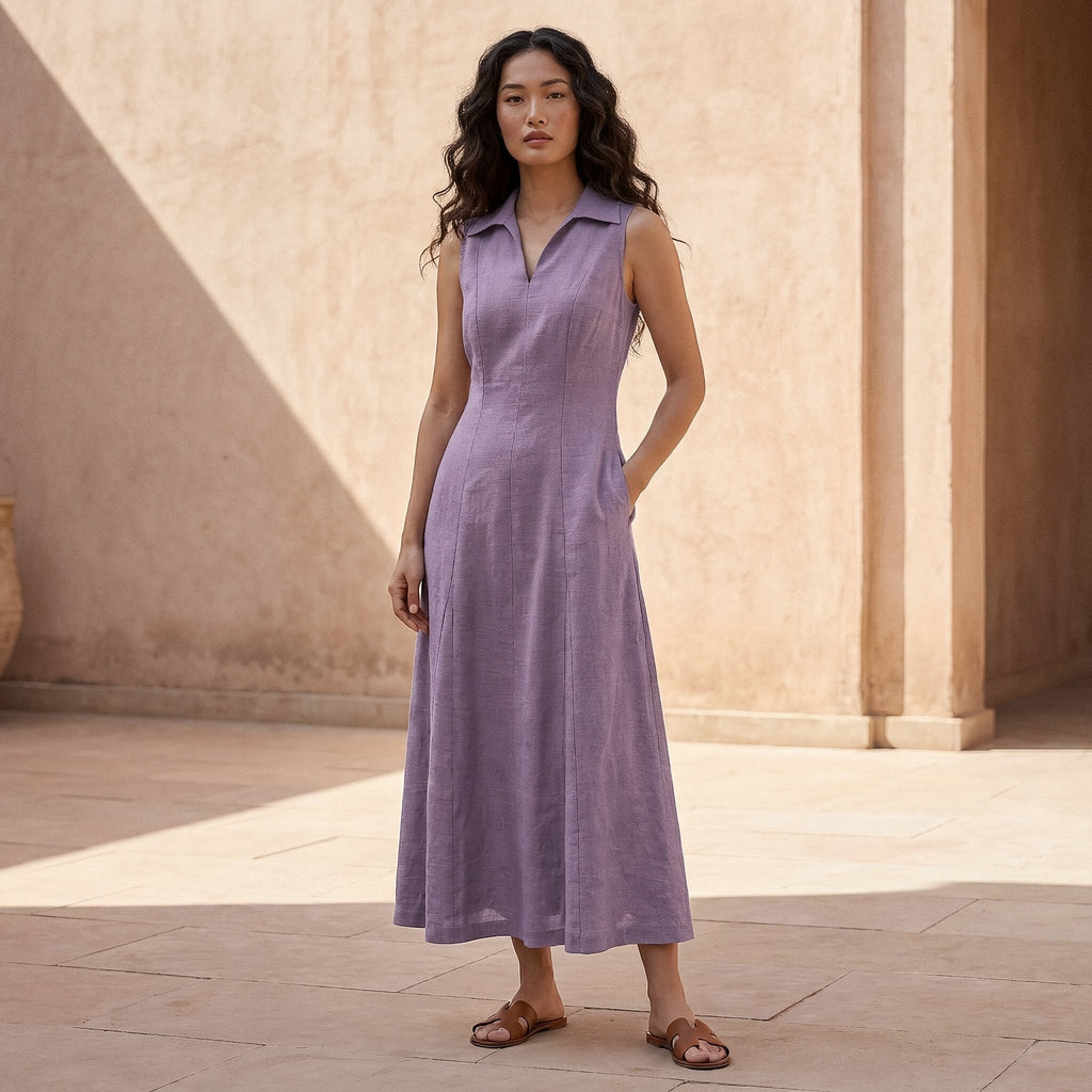 Lavender Cotton Linen Paneled Sleeveless Maxi Dress