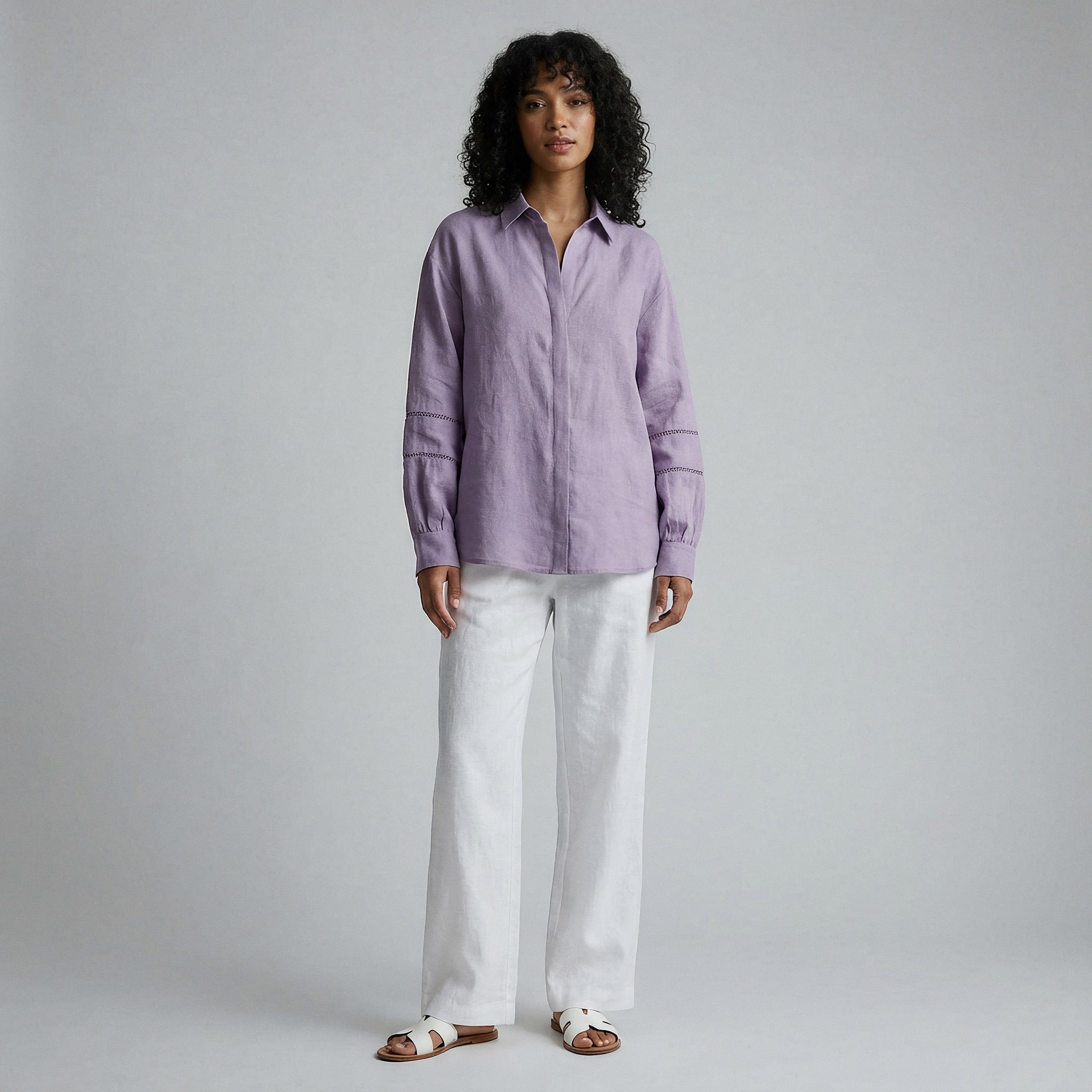 Lavender Cotton Linen Relaxed Button-Down Shirt