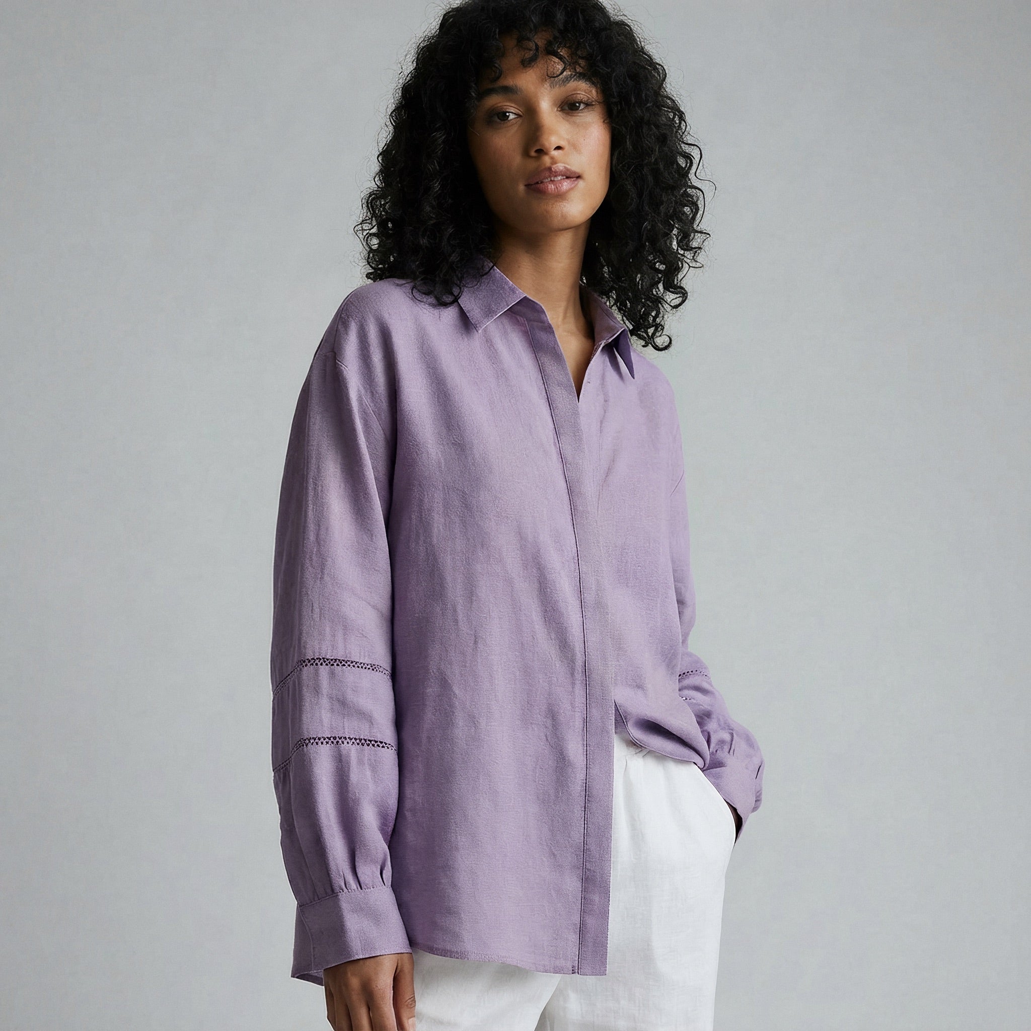 Lavender Cotton Linen Relaxed Button-Down Shirt