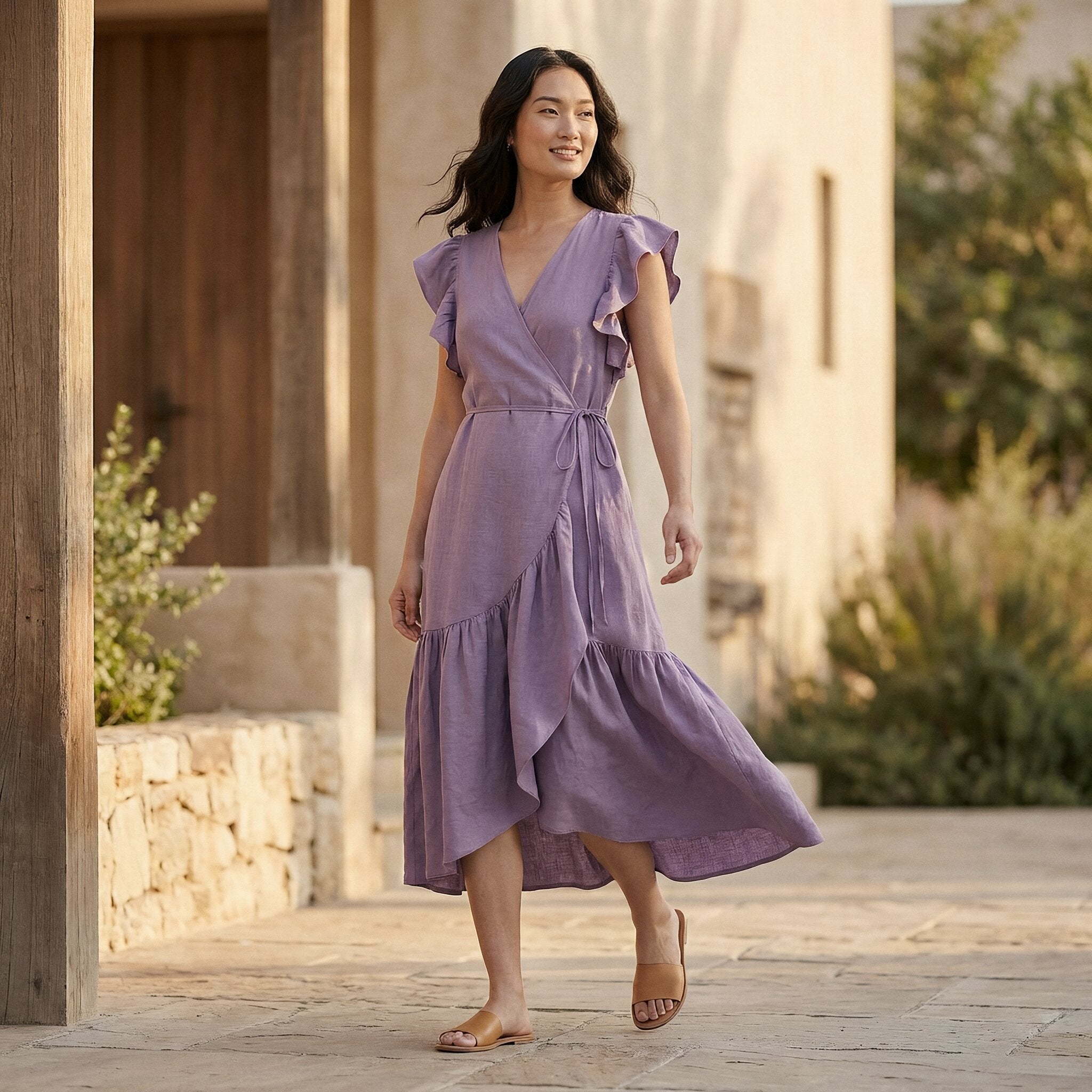 Lavender Cotton Linen Ruffle Midi Wrap Dress