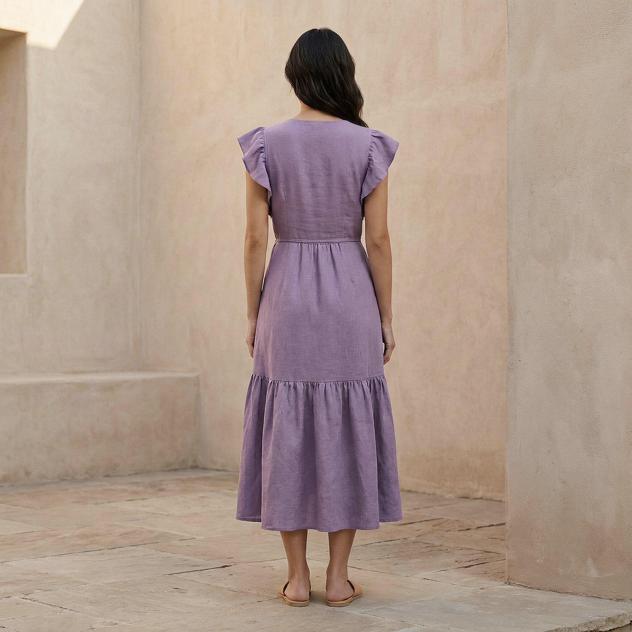 Lavender Cotton Linen Ruffle Midi Wrap Dress