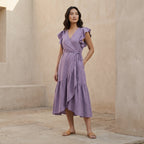 Lavender Cotton Linen Ruffle Midi Wrap Dress