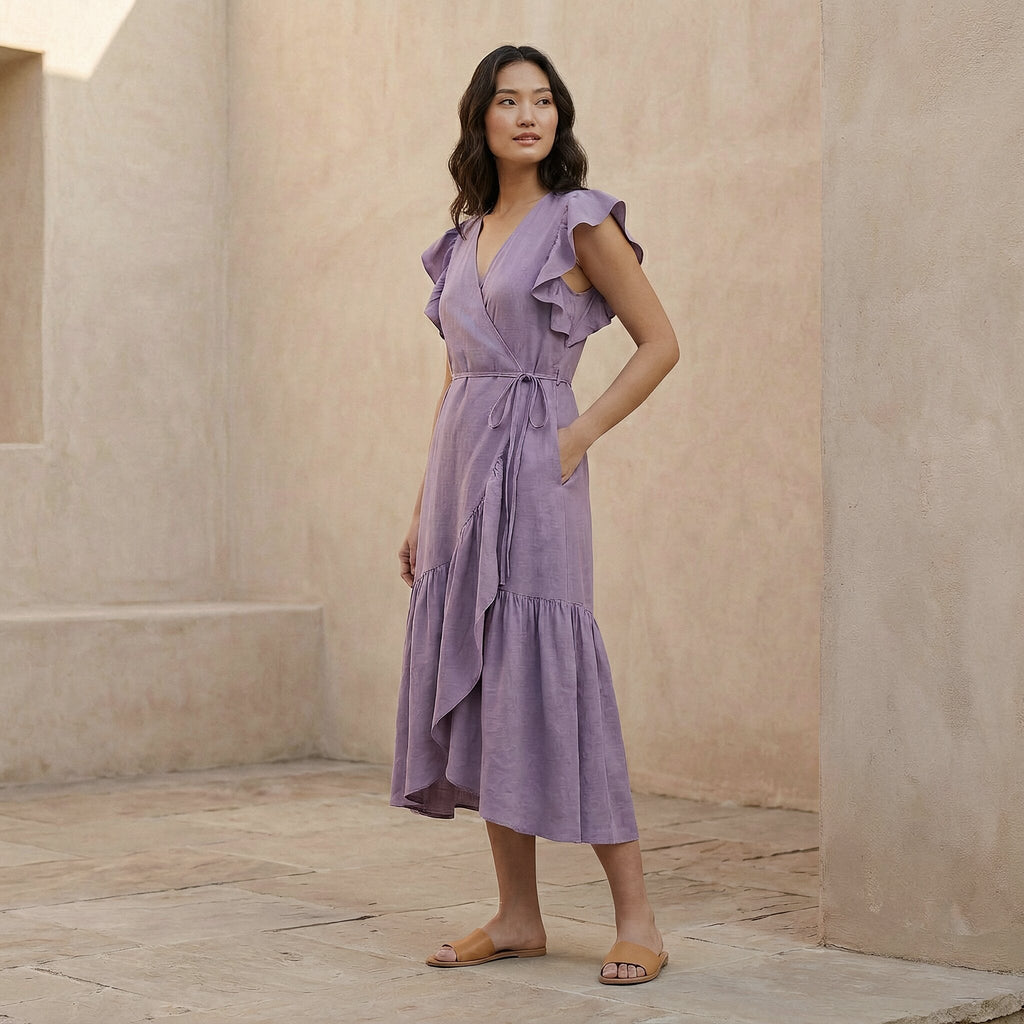 Lavender Cotton Linen Ruffle Midi Wrap Dress