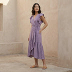 Lavender Cotton Linen Ruffle Midi Wrap Dress