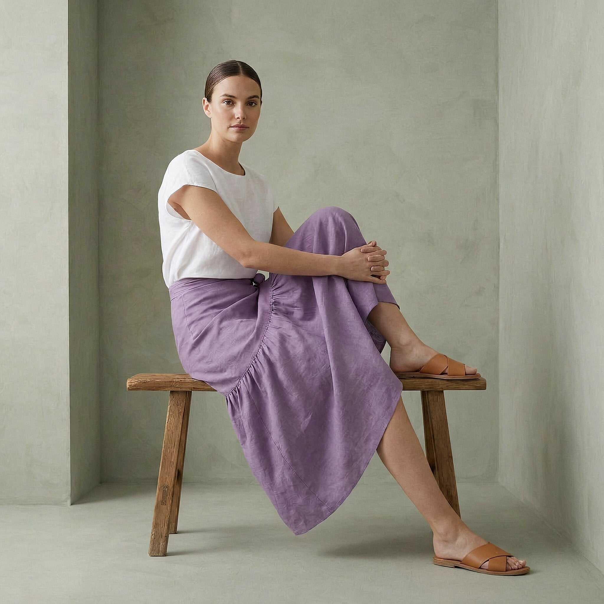 Lavender Cotton Linen Ruffle Midi Wrap Skirt
